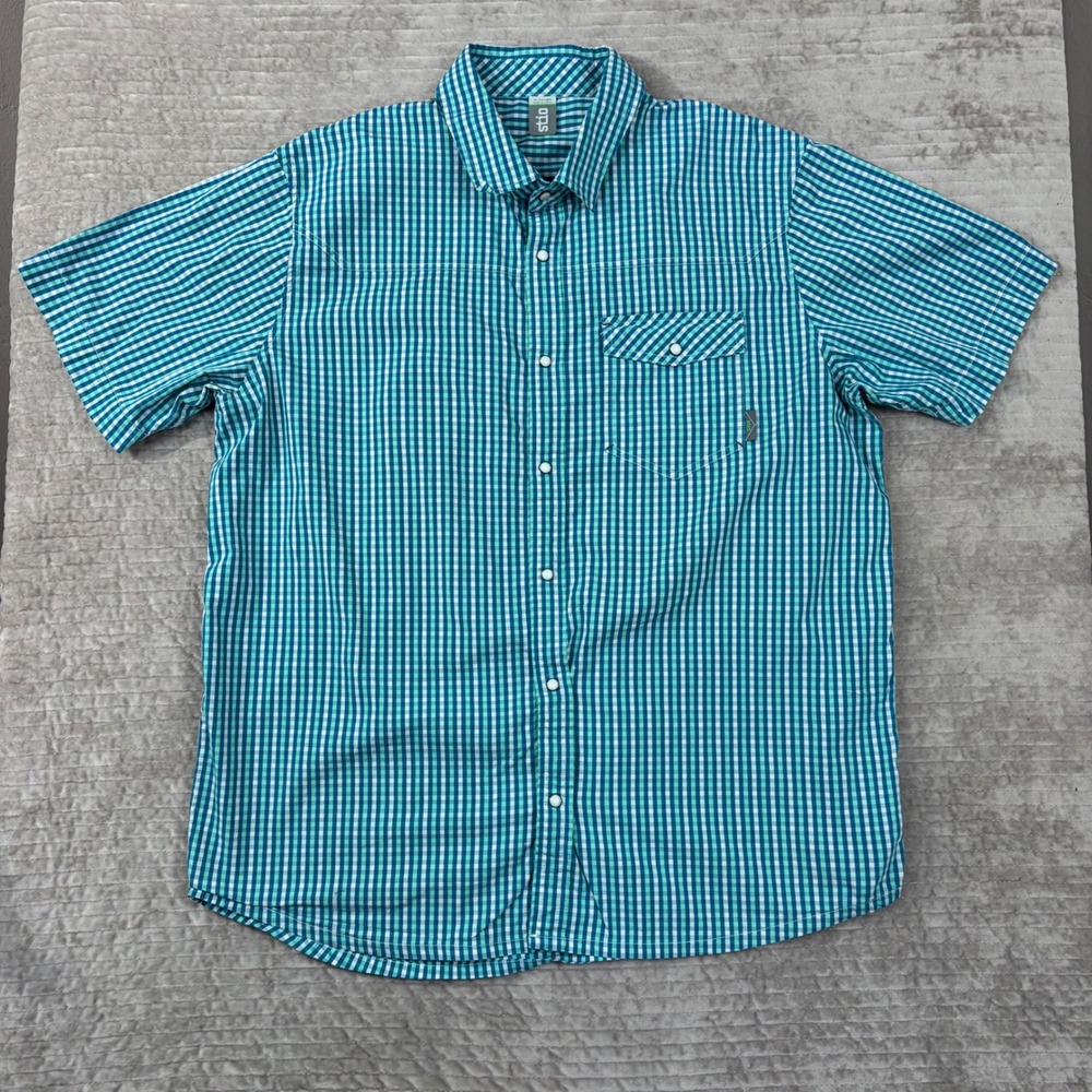 Stio Mens XL Short Sleeve Gingham Pearl Snap Western Shirt Teal White 2132